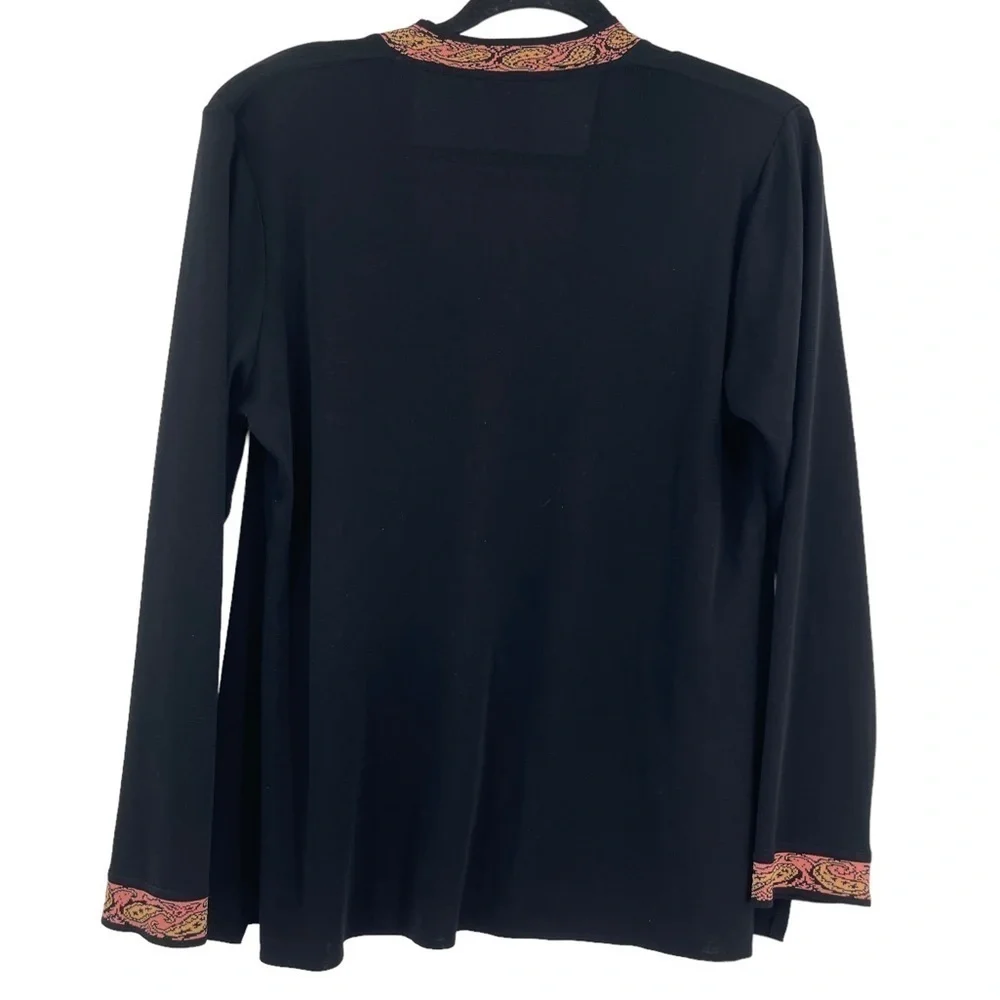 Exclusively Misook M Black Acrylic Knit Cardigan Sweater Pink Trim Pockets